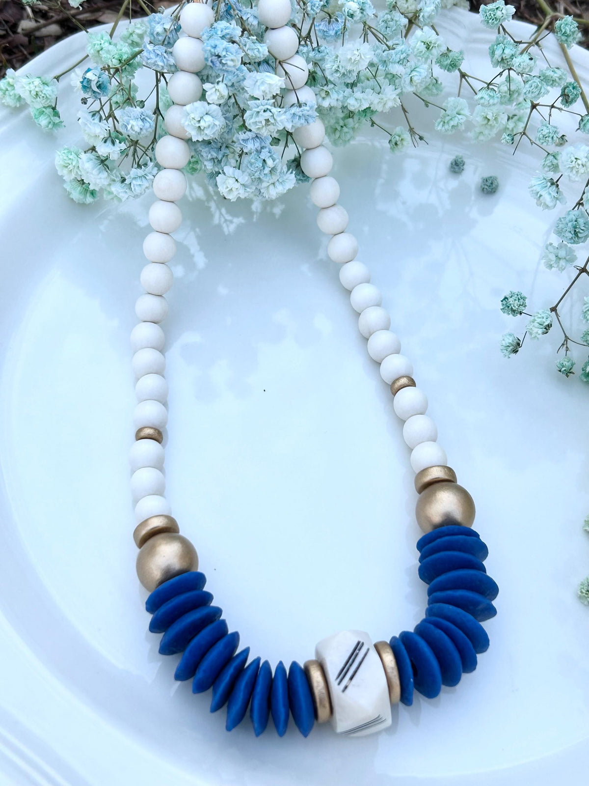 Blue Statement Necklace Ashanti Glass Beads Bone & Wooden Bead Jewelry