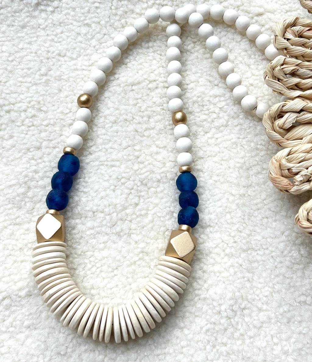 Long Chunky Wooden Bead Statement Necklace White & Blue Colors Game Day Jewelry