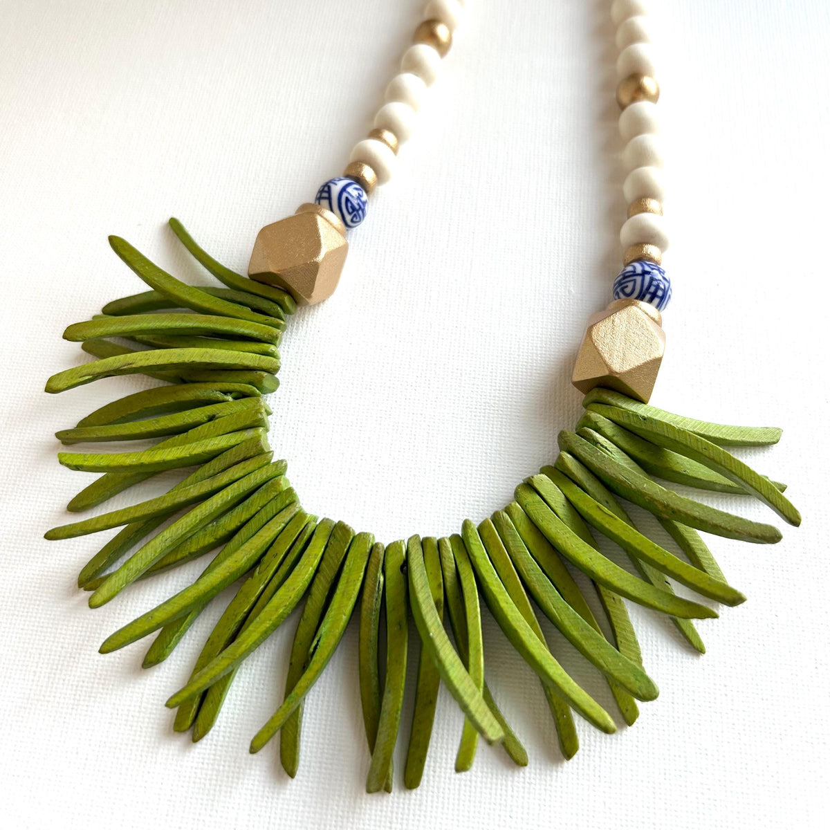Handmade Beaded Statement Necklace: White, Green, and Chinoiserie Beads