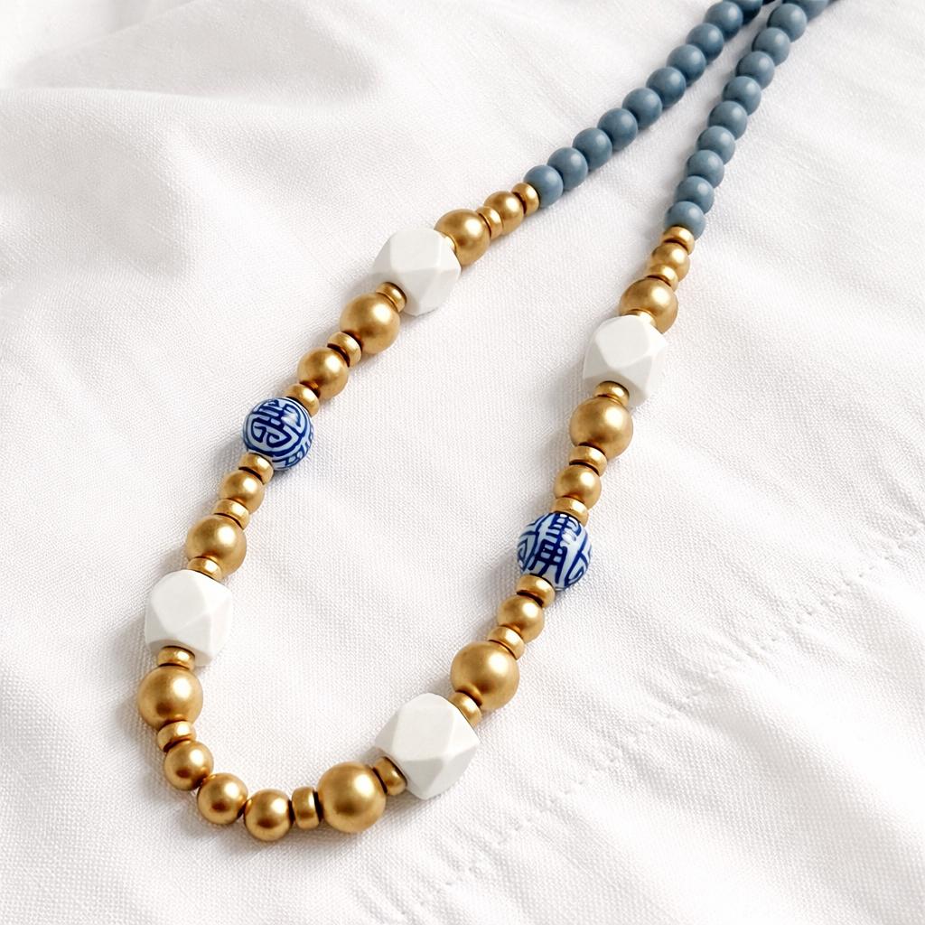 Long Wooden Beaded Necklace with Chinoiserie Porcelain Bead, Easter gift