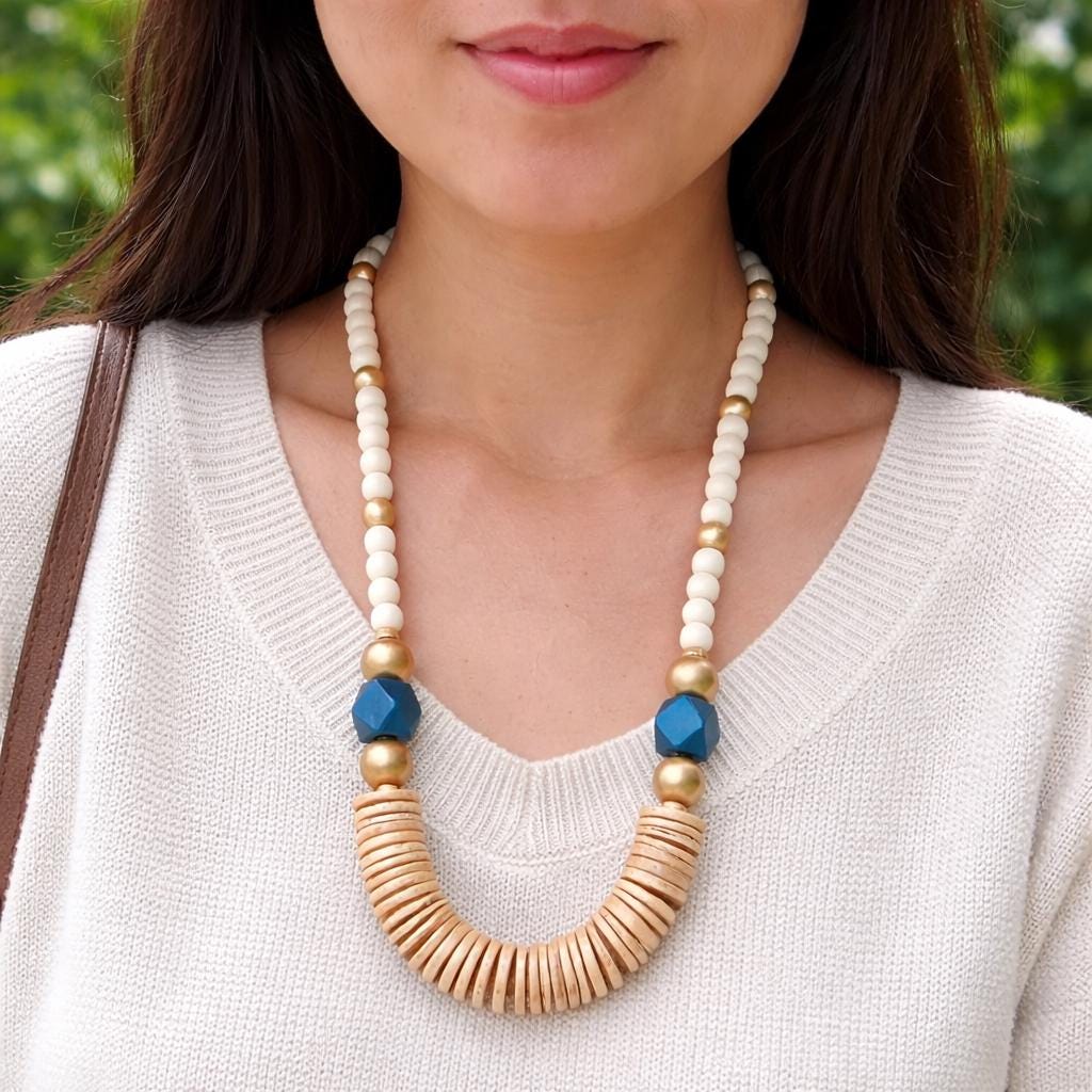 Handmade Wooden Beaded Statement Necklace - Blue & Gold, 30 inch