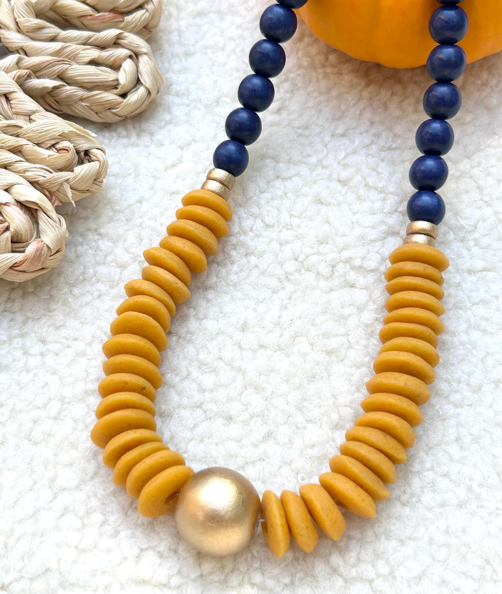 Chunky Wooden Bead Statement Necklace Orange & Blue Colors Game Day Jewelry