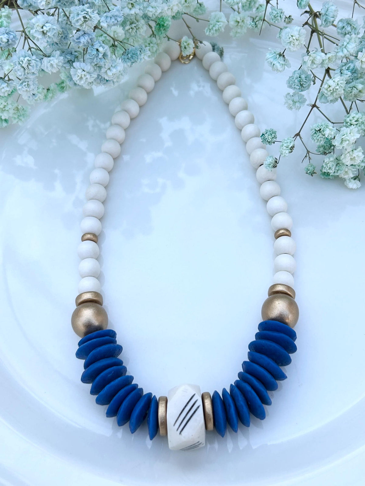 Blue Statement Necklace Ashanti Glass Beads Bone & Wooden Bead Jewelry
