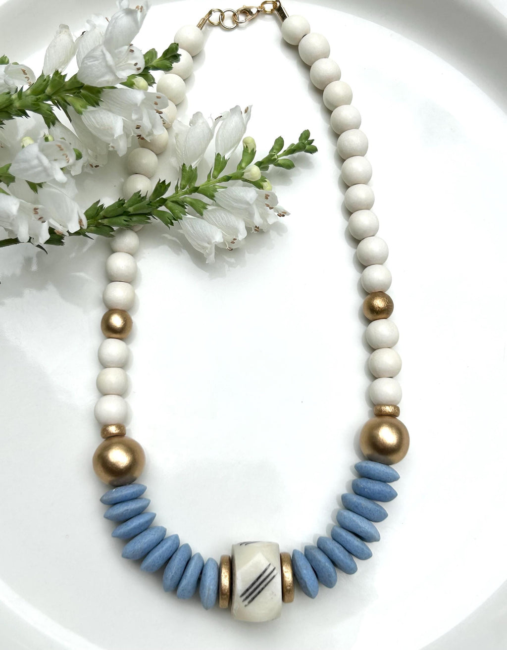 Blue Beaded Statement Necklace, Bone, Ashanti Glass, Boho Artisan Jewelry, Easter gift