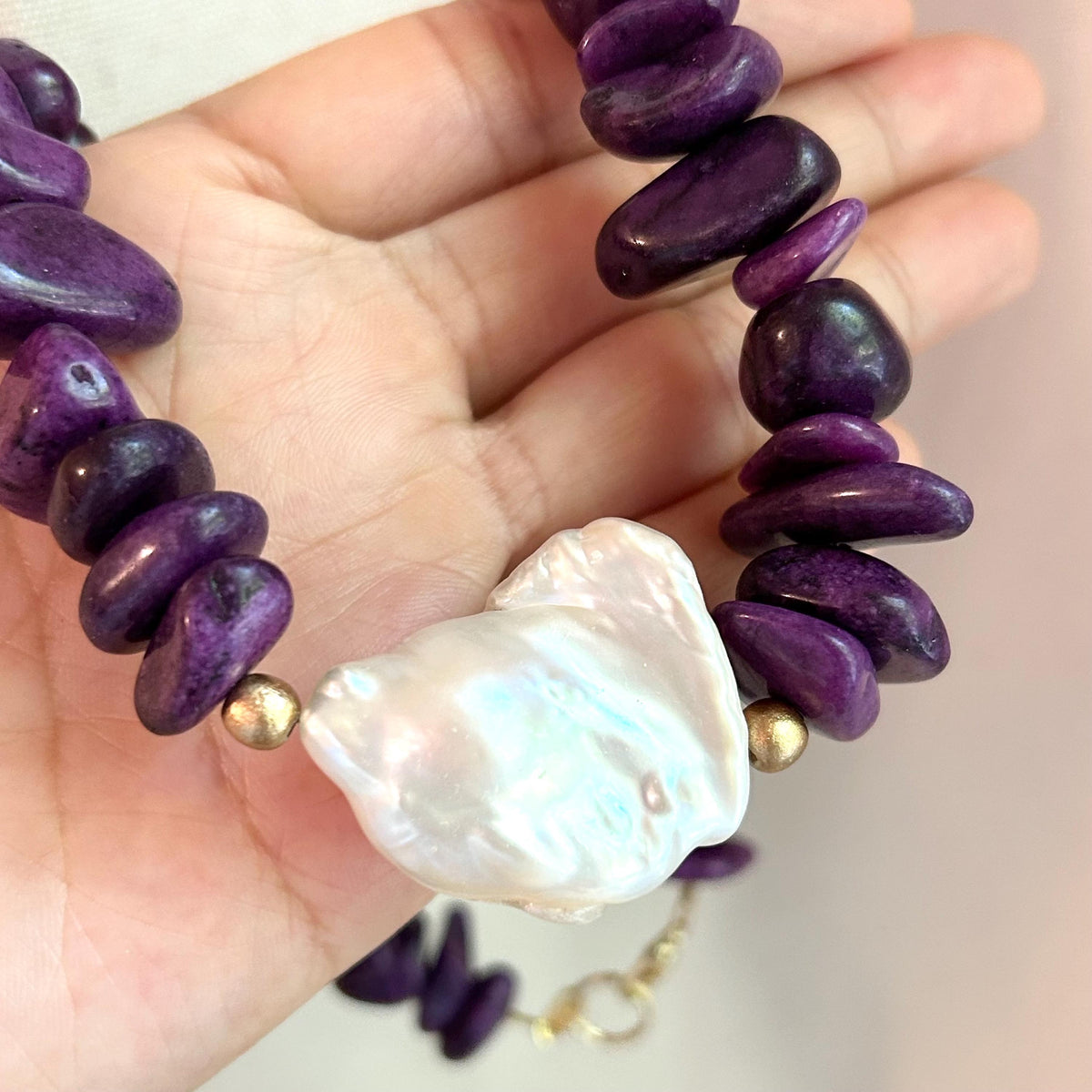 Purple Stone Beaded Statement Necklace: Baroque Pearl Pendant