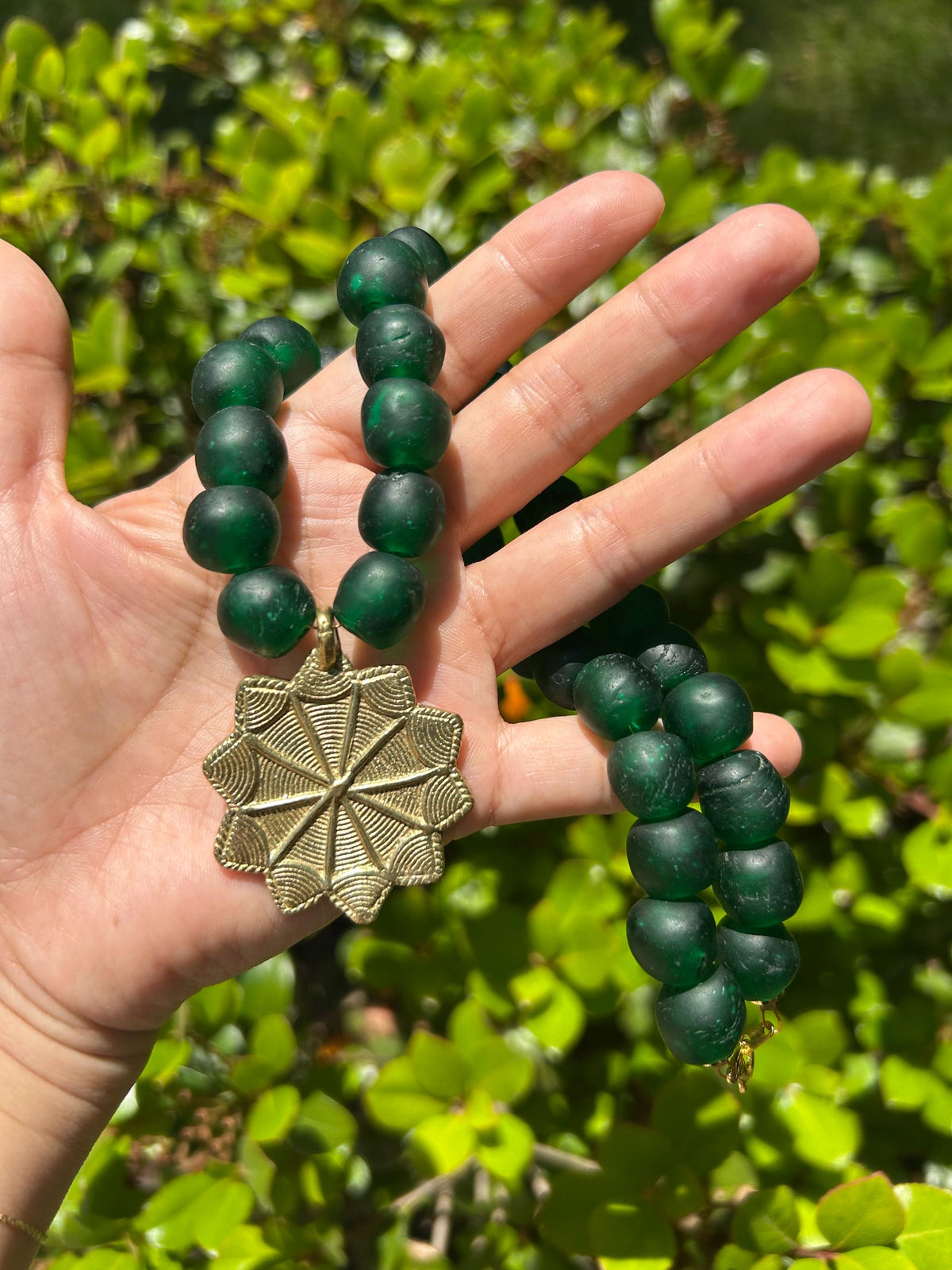 Green Glass Beaded Statement Necklace: Chunky Glass Beads, Metal Pendant