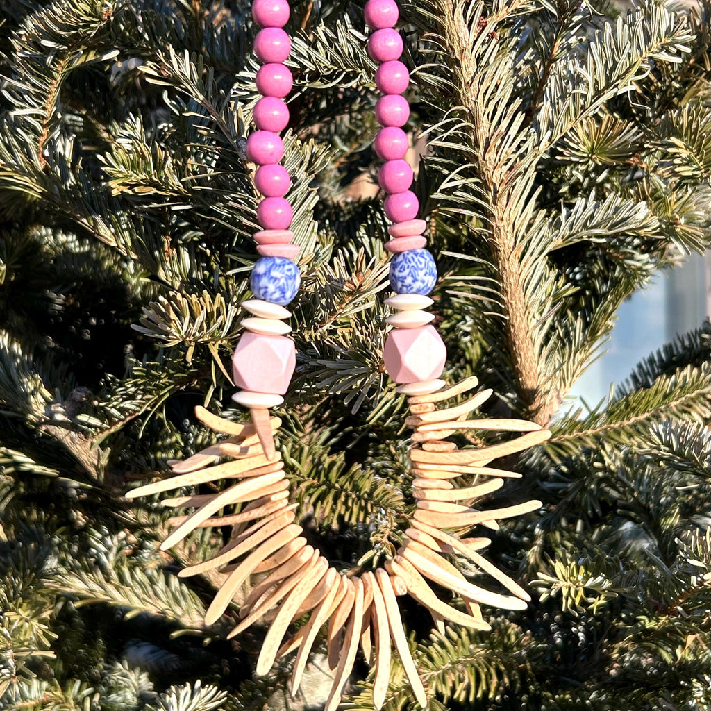 Chunky Wood Coconut Bead Necklace: Pink, Cream, Blue Statement Jewelry