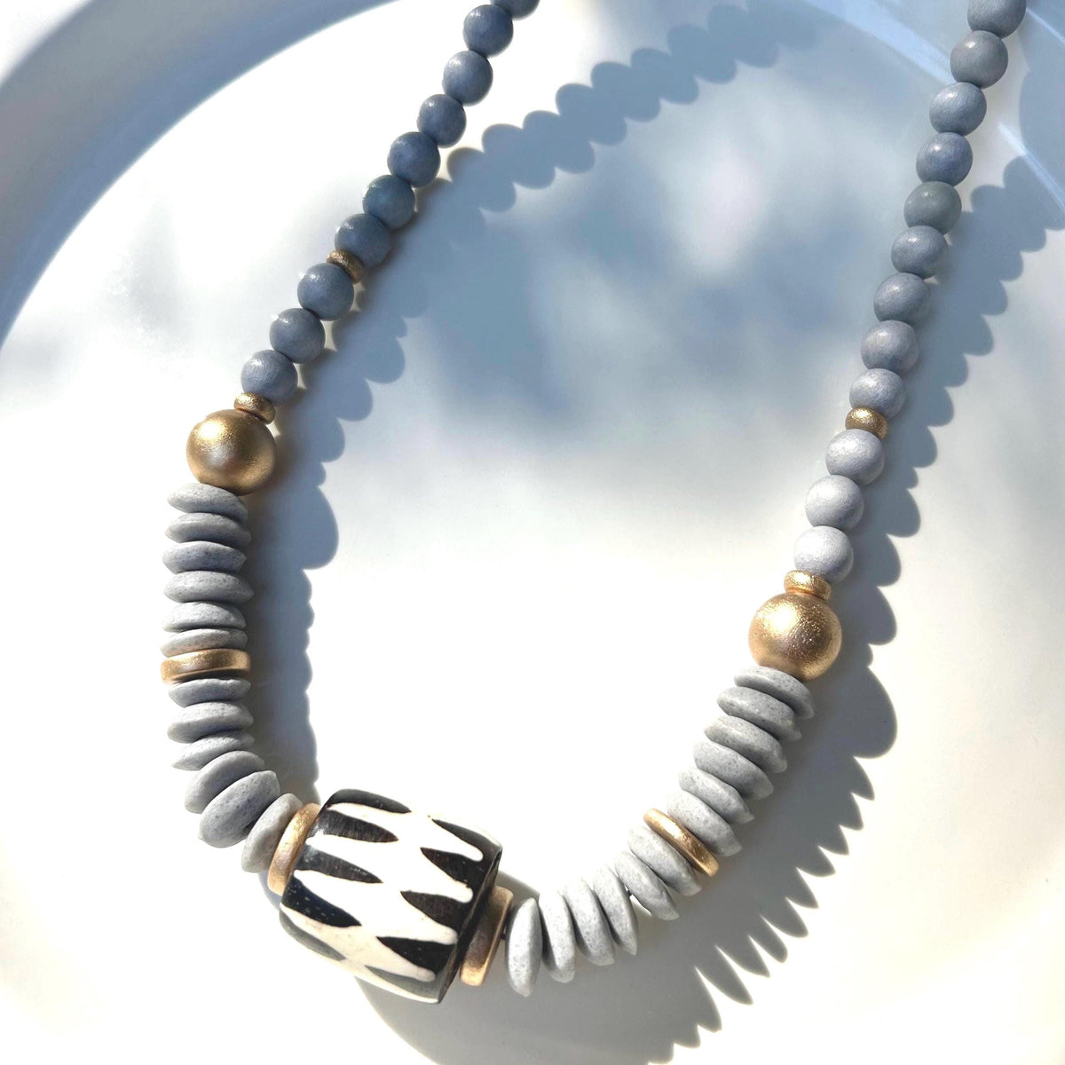 Handmade Wooden Bead Necklace: Ashanti Glass Bead, Bone Pendant