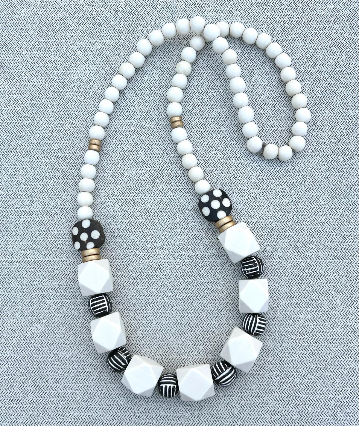 Chunky Wooden Bead Statement Necklace: Black & White Geometric Design