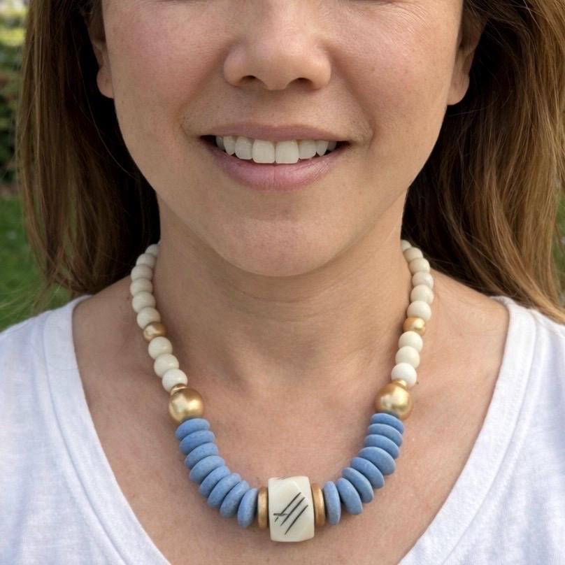 Blue Beaded Statement Necklace, Bone, Ashanti Glass, Boho Artisan Jewelry, Easter gift