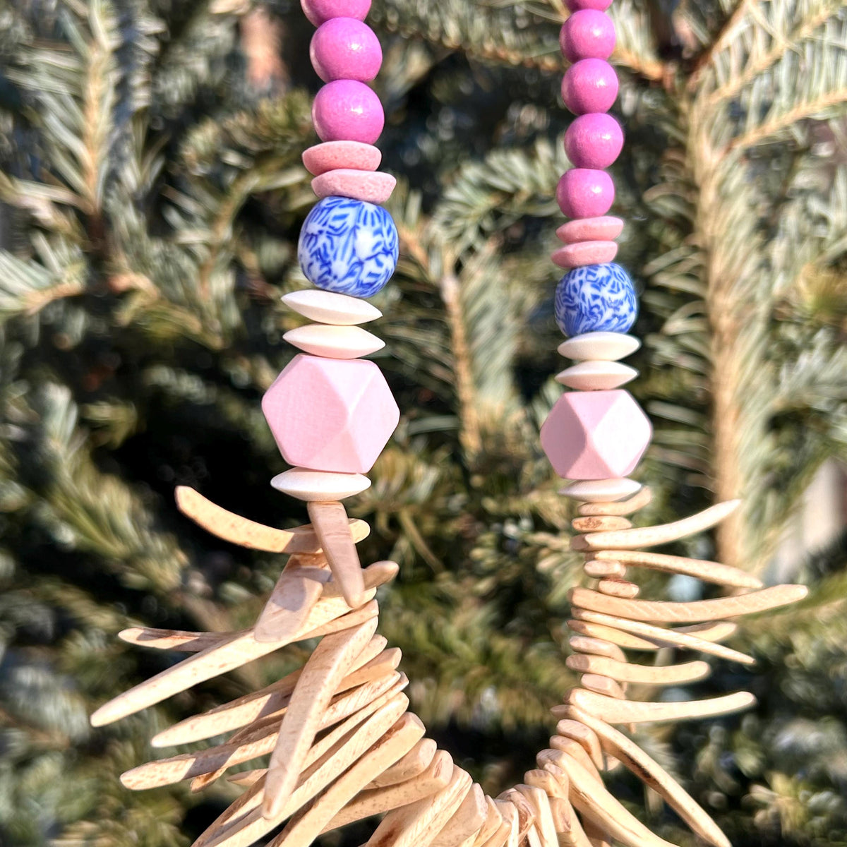 Chunky Wood Coconut Bead Necklace: Pink, Cream, Blue Statement Jewelry