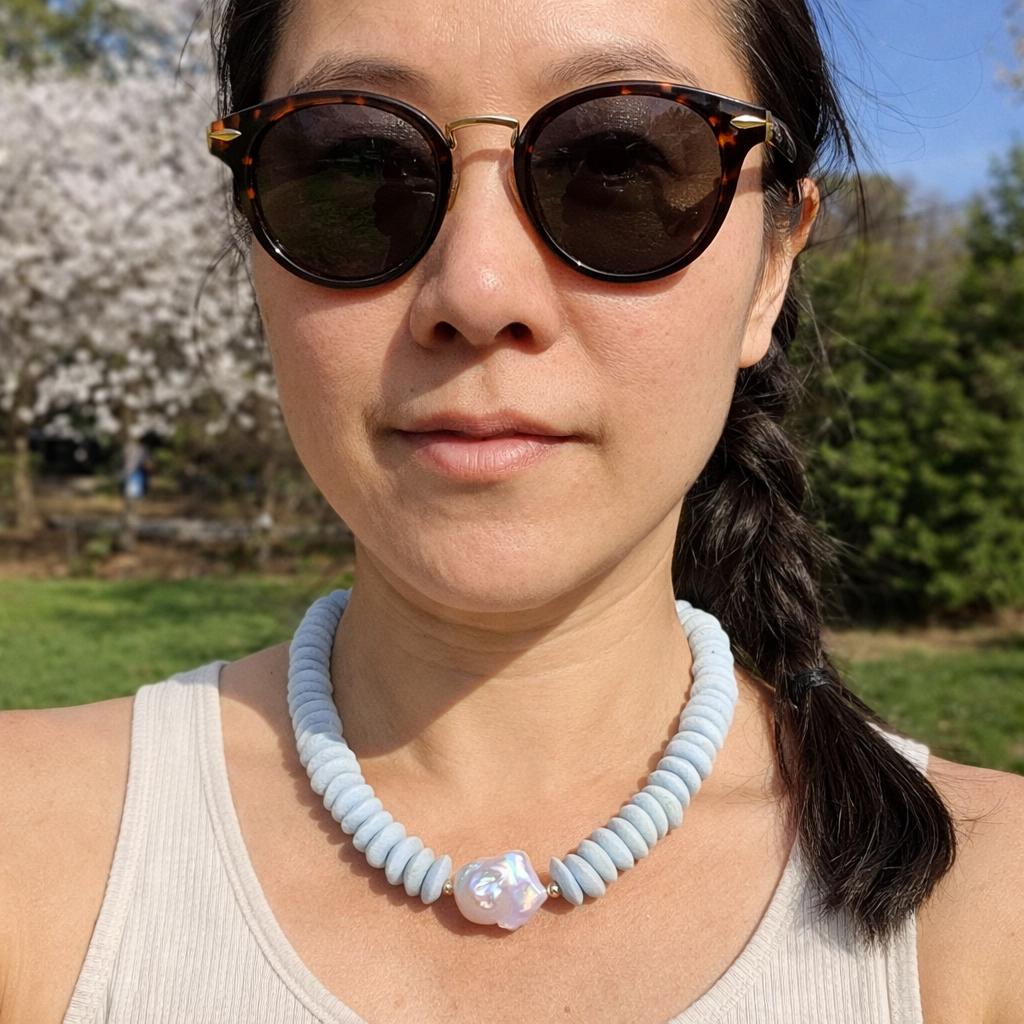 Blue Beaded Statement Necklace: Ashanti Beads, Baroque Pearl Pendant, Easter Gift