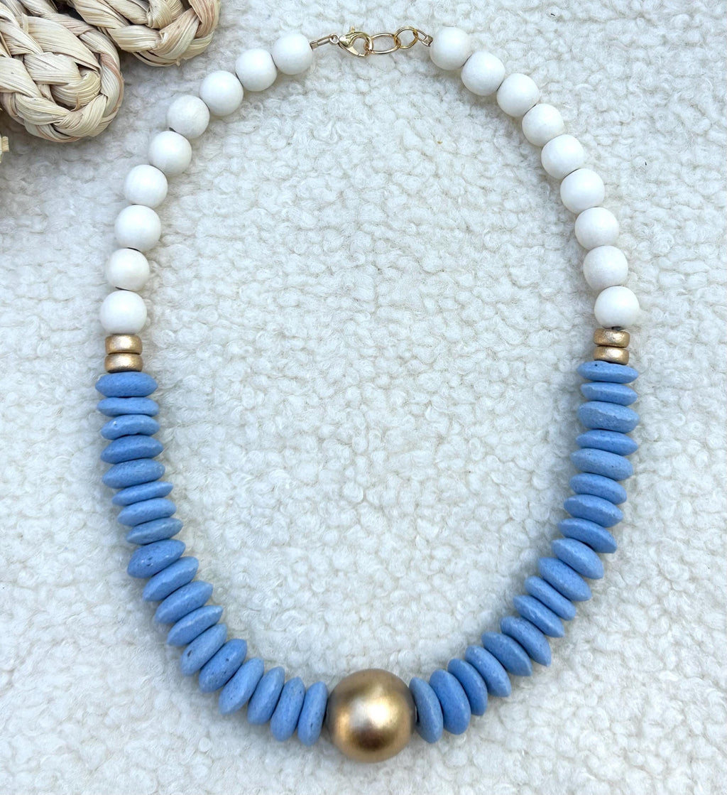 Carolina Blue Statement Necklace, Ashanti Glass, Wooden Beads, Gameday Jewelry