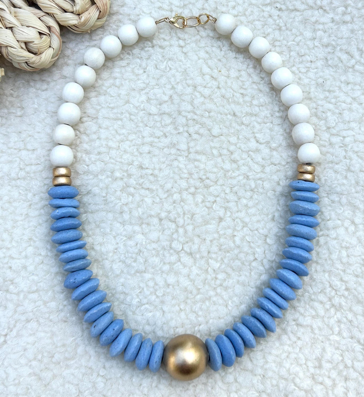Carolina Blue Statement Necklace, Ashanti Glass, Wooden Beads, Gameday Jewelry