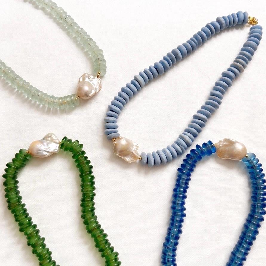 Blue Beaded Statement Necklace: Ashanti Beads, Baroque Pearl Pendant, Easter Gift