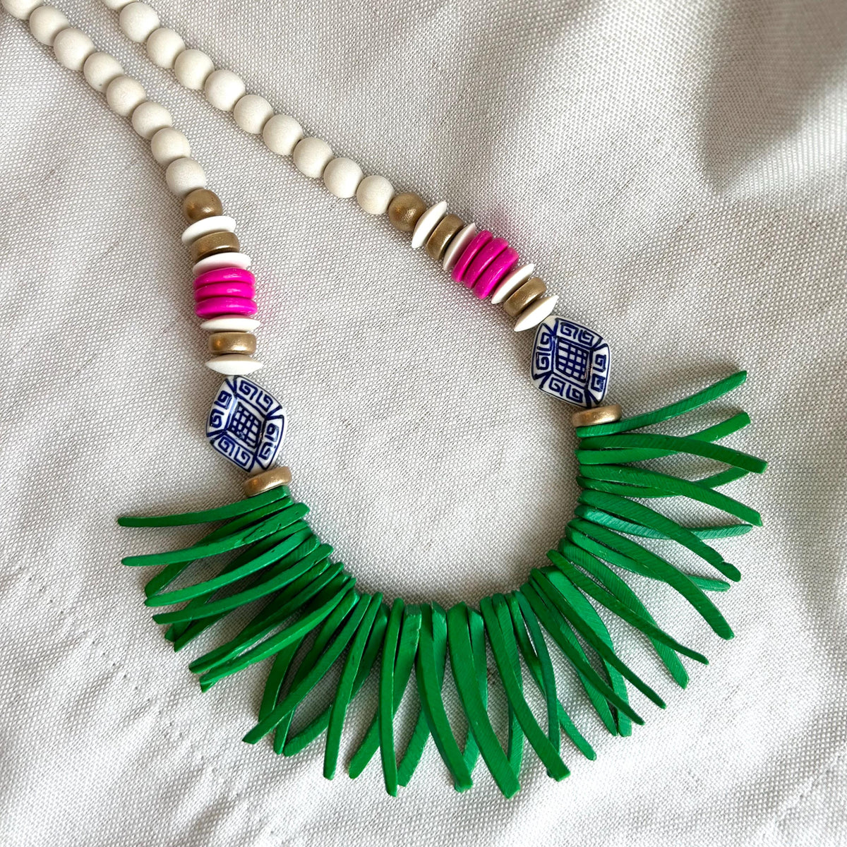 Handmade Beaded Statement Necklace: White, Pink, Green, and Chinoiserie Beads