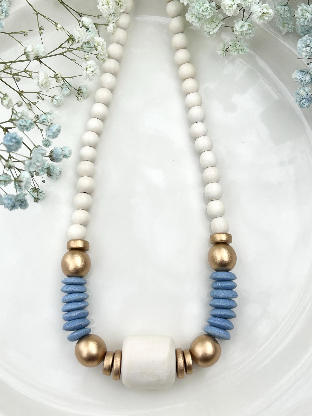 Beaded Statement Necklace: Bone Bead, Carolina Blue Ashanti Glass Beads