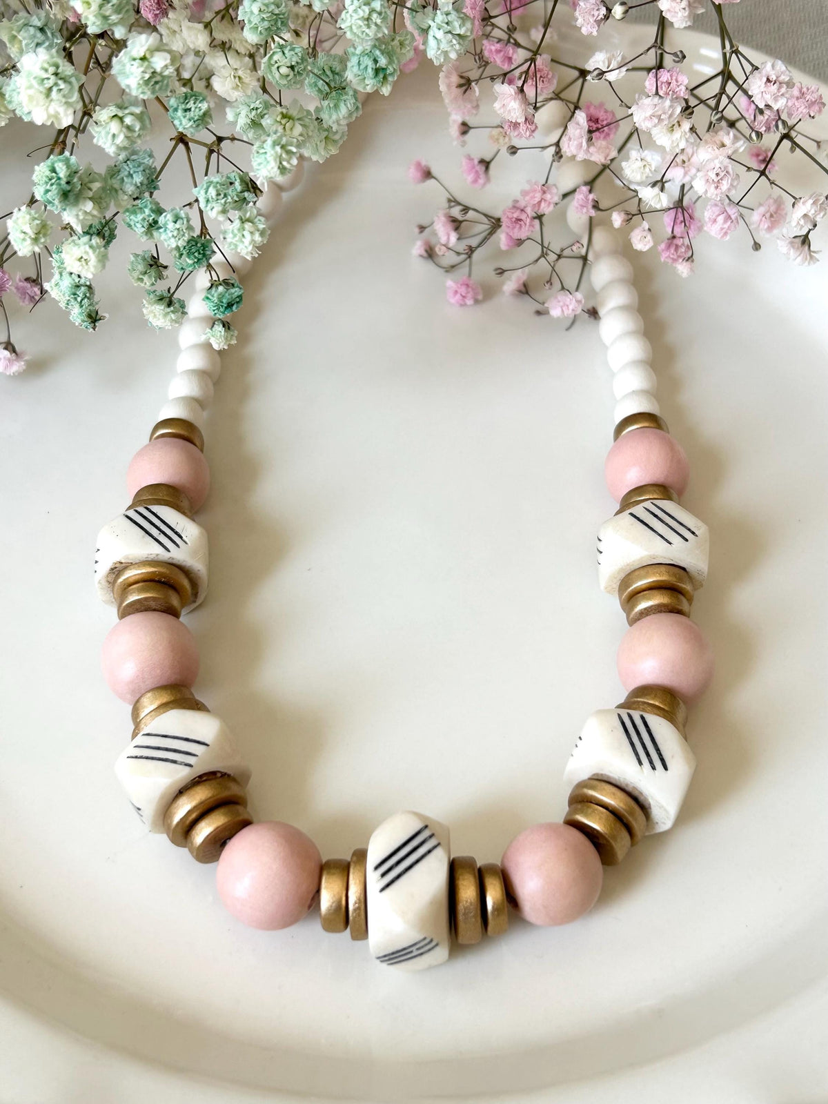 Pink Wooden Bead Statement Necklace: Bone Cube Accent, Valentines Gift