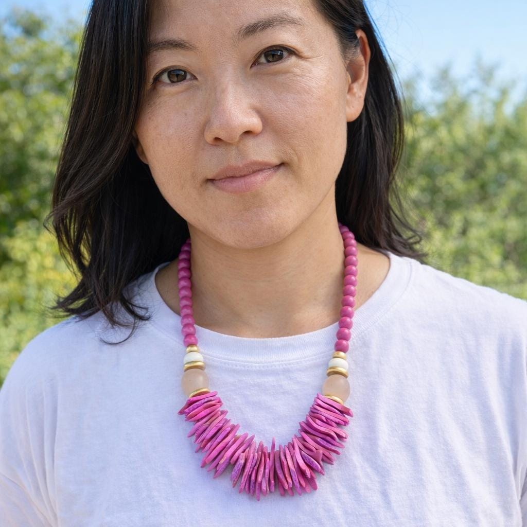 Magenta Wood Beaded Statement Necklace: Chunky Preppy Jewelry