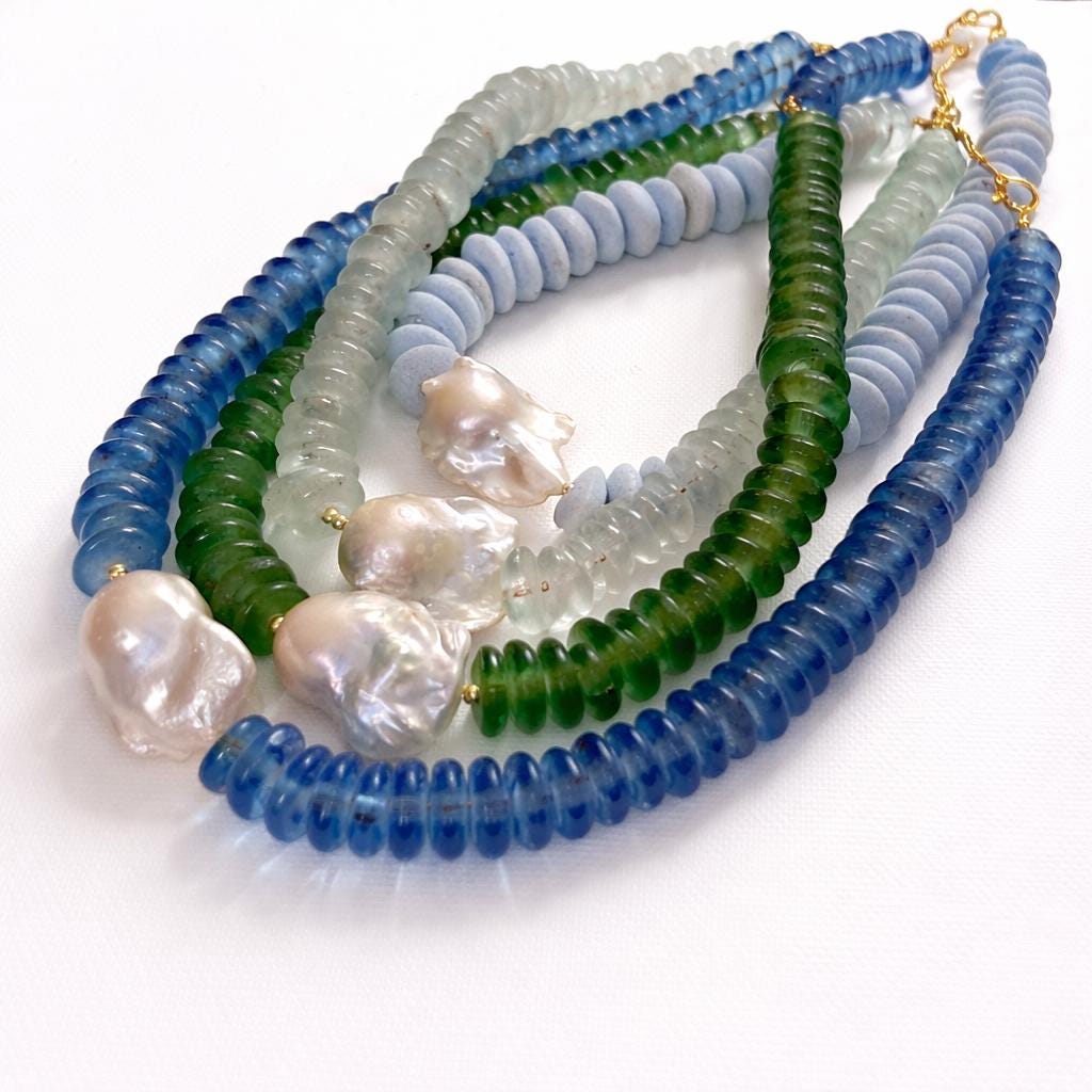 Blue Glass Beaded Statement Necklace: Glass Beads, Baroque Pearl Pendant