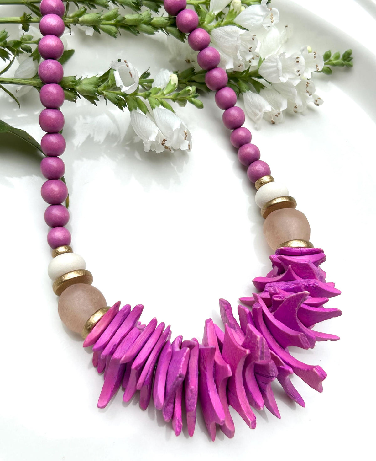 Magenta Wood Beaded Statement Necklace: Chunky Preppy Jewelry