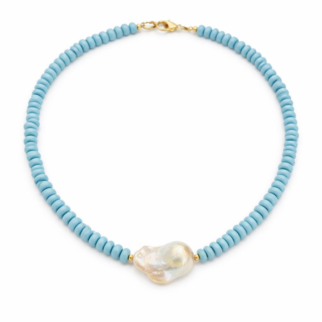 Blue Beaded Statement Necklace: Baroque Pearl Pendant, Handmade