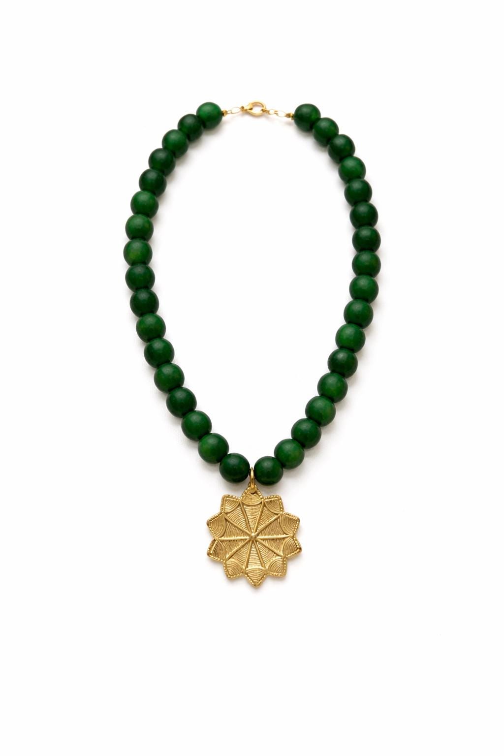 Green Glass Beaded Statement Necklace: Chunky Glass Beads, Metal Pendant