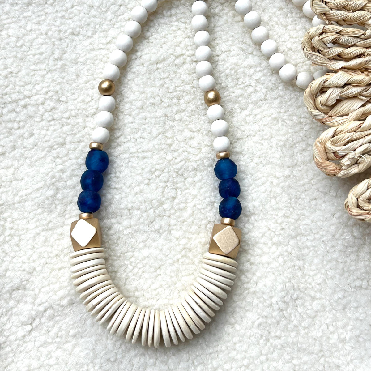 Long Chunky Wooden Bead Statement Necklace White & Blue Colors Game Day Jewelry