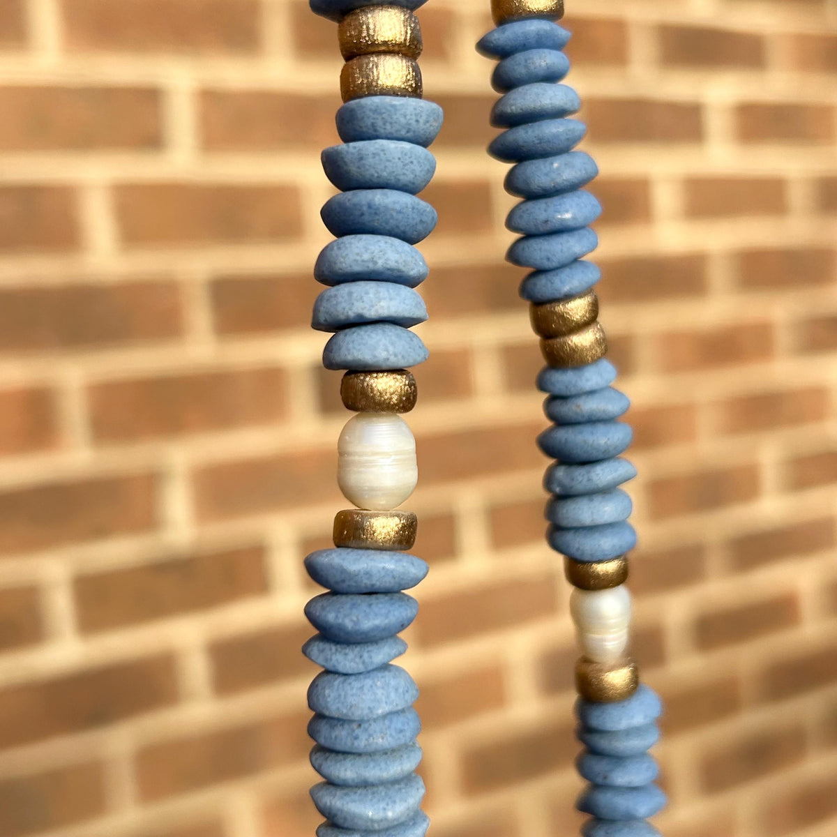 Blue Beaded Statement Necklace: Ashanti Glass Beads and Pearls, UNC Game Day Jewelry