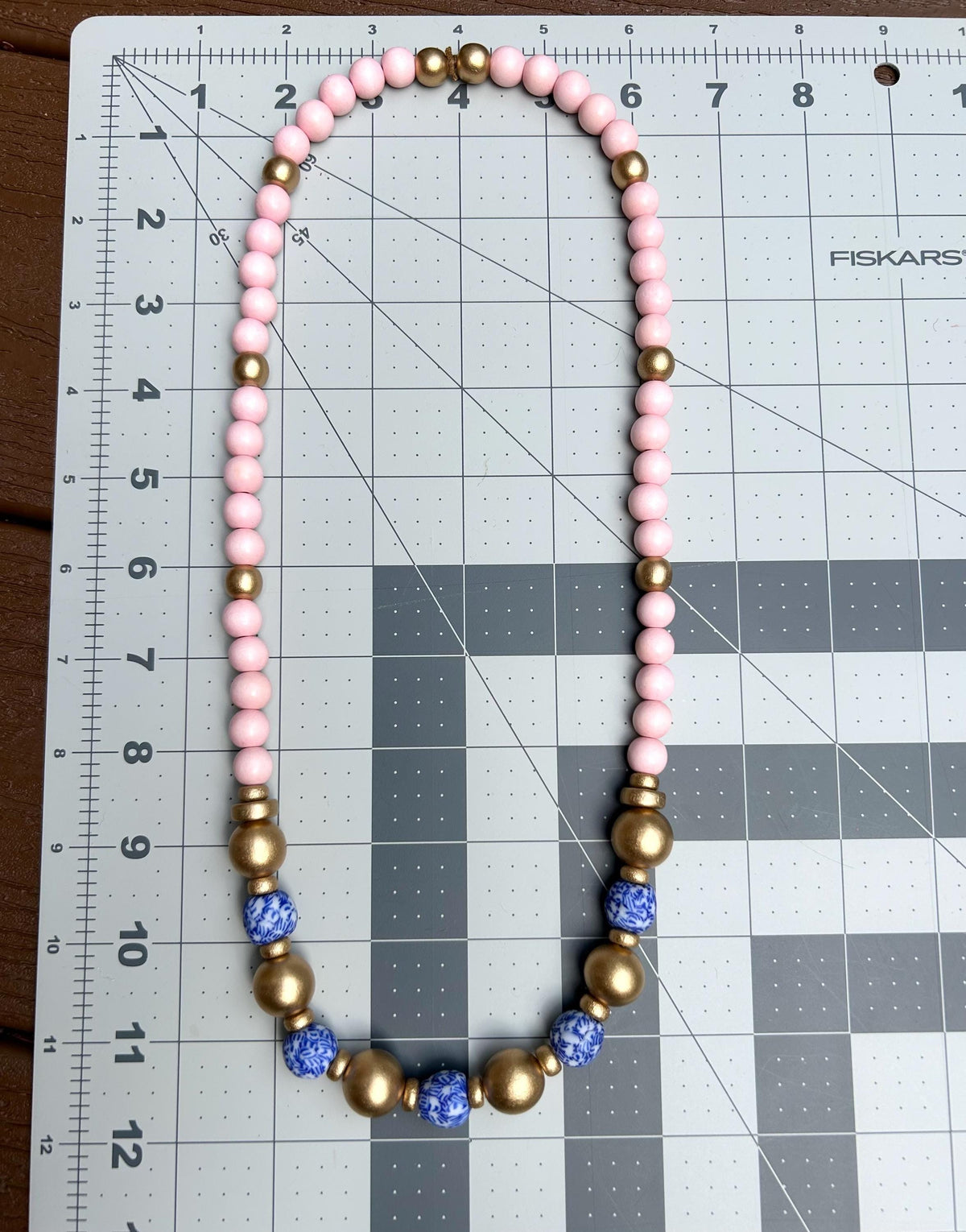 Handmade Beaded Statement Necklace: Pink, Gold, and Chinoiserie Beads