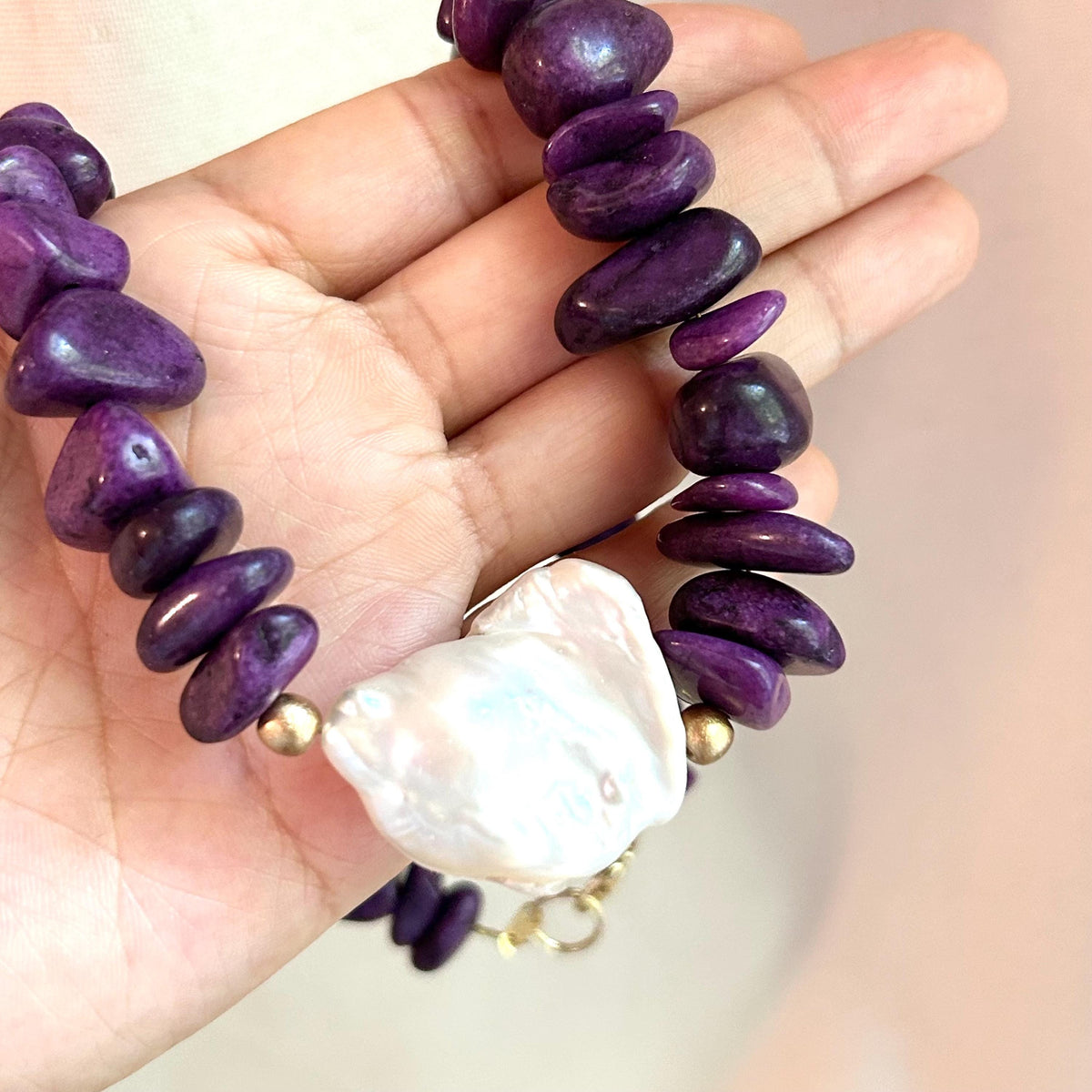 Purple Stone Beaded Statement Necklace: Baroque Pearl Pendant