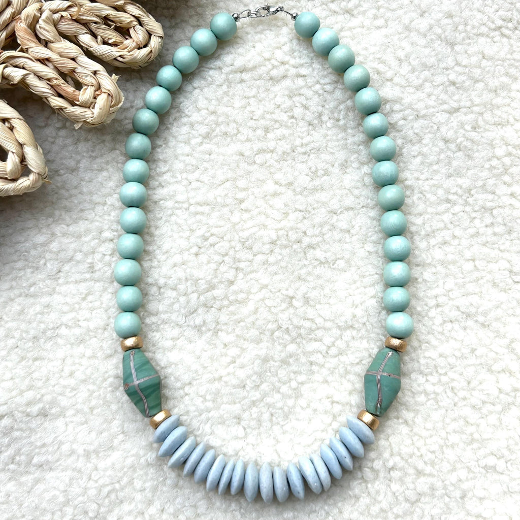 Blue Beaded Statement Necklace: Ashanti Glass and Wooden Beads, Game Day Jewelry