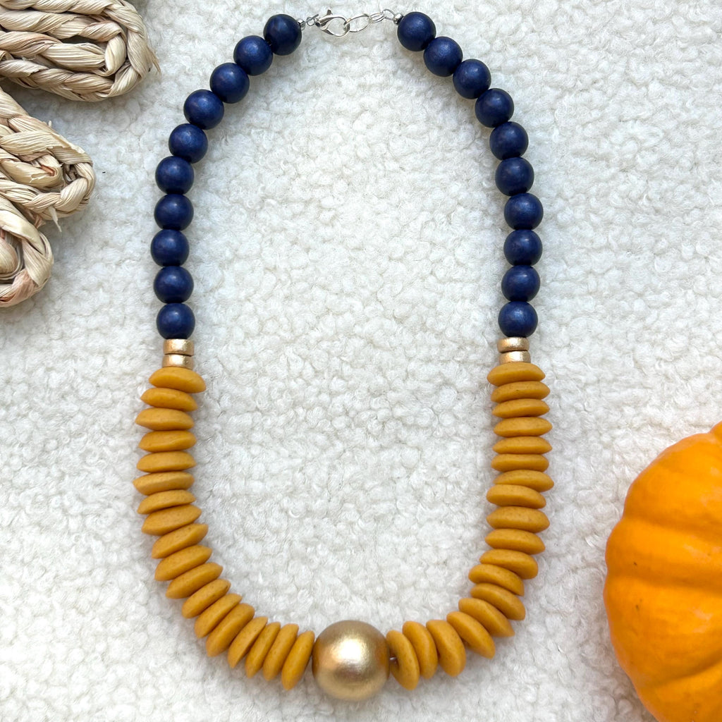 Chunky Wooden Bead Statement Necklace Orange & Blue Colors Game Day Jewelry