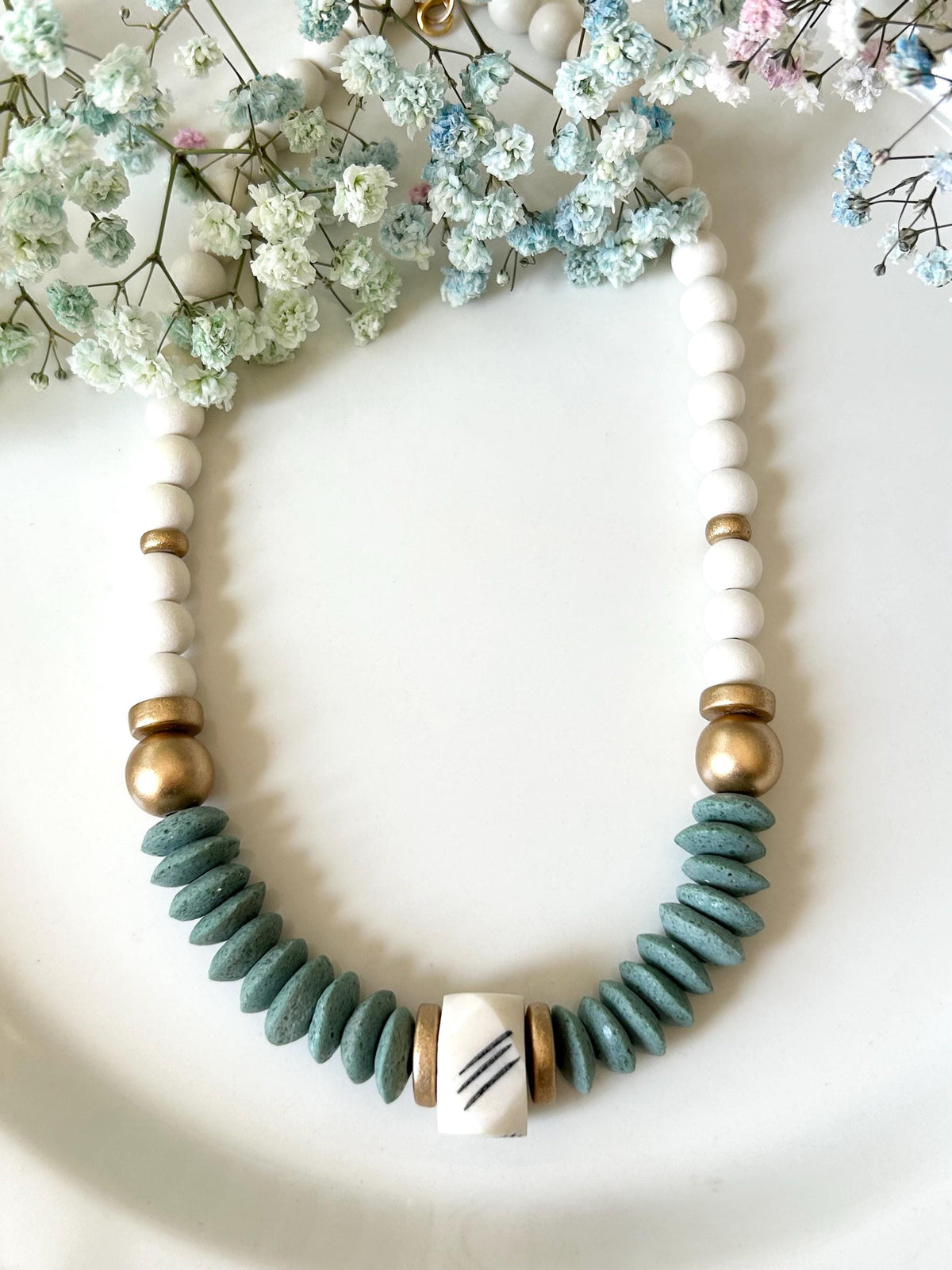 Green Beaded Statement Necklace: Bone & Wooden Bead Jewelry