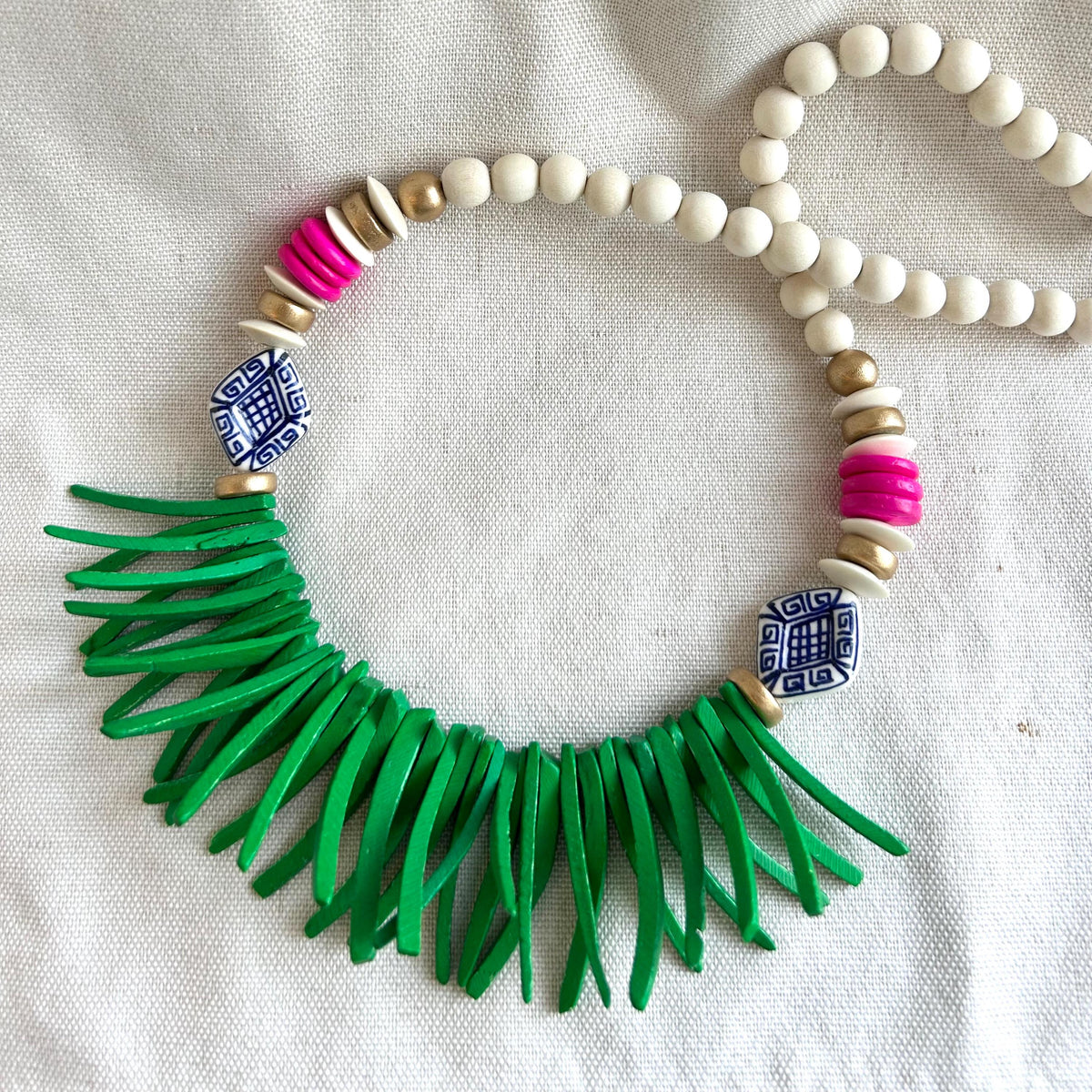 Handmade Beaded Statement Necklace: White, Pink, Green, and Chinoiserie Beads