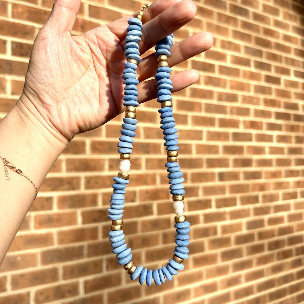 Blue Beaded Statement Necklace: Ashanti Glass Beads and Pearls, UNC Game Day Jewelry