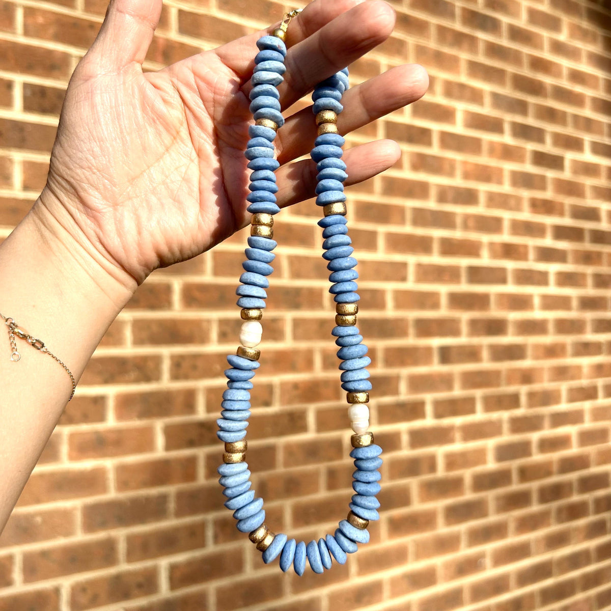 Blue Beaded Statement Necklace: Ashanti Glass Beads and Pearls, UNC Game Day Jewelry