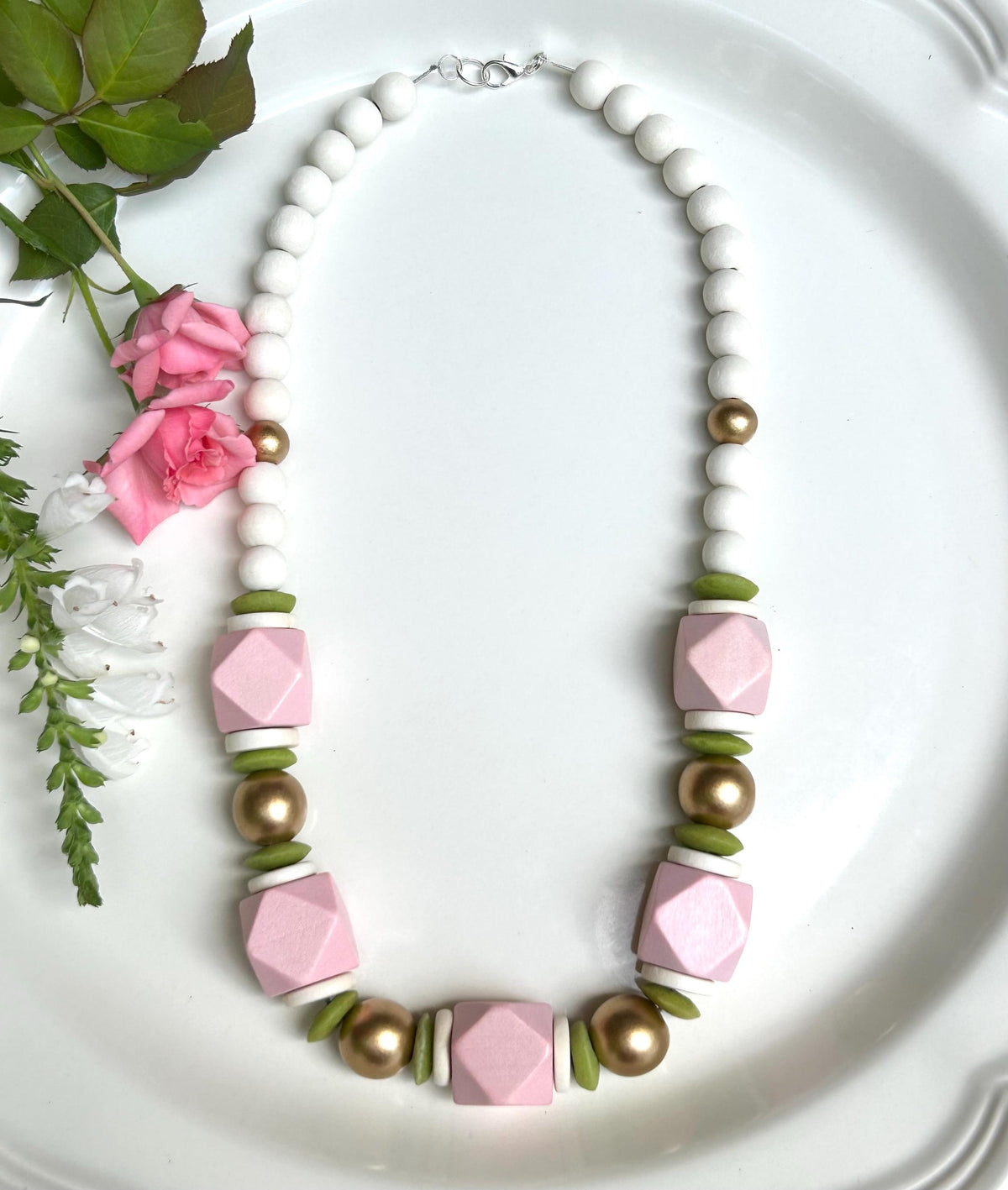 Wood Beaded Statement Necklace: Chunky Preppy Style, Handmade