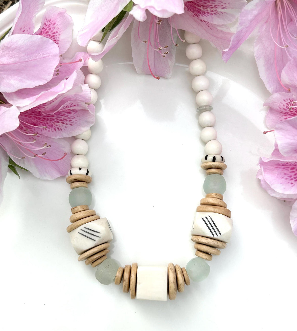 Handmade Beaded Statement Necklace: Bone, Wood and Glass
