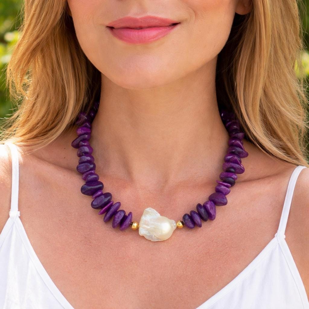 Purple Stone Beaded Statement Necklace: Baroque Pearl Pendant