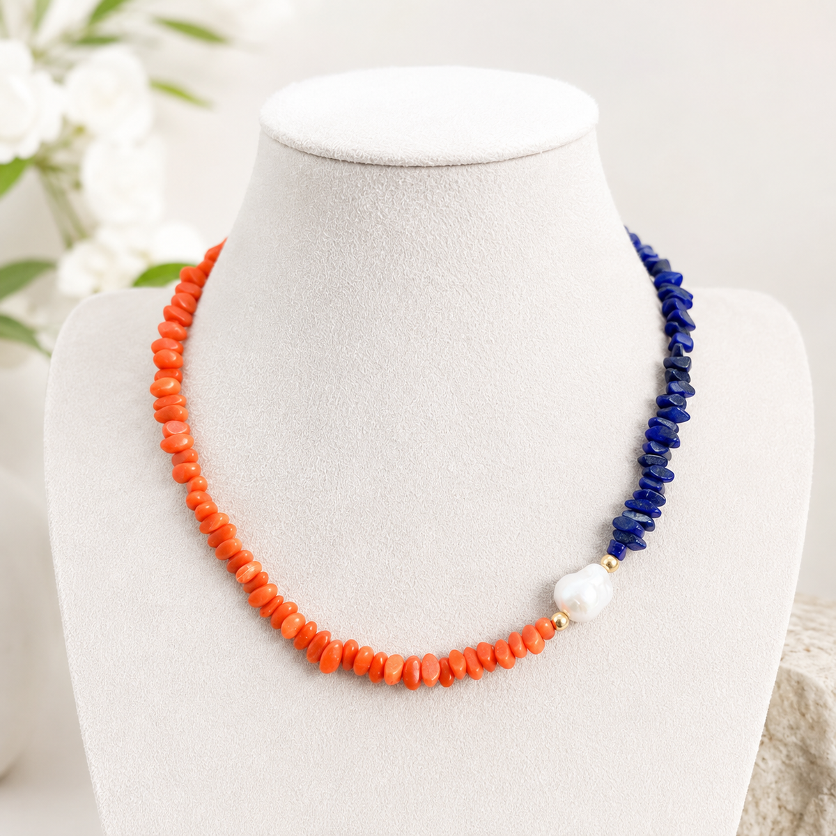 Blue and Orange Football Shaped Statement Necklace: Glass Beads, Baroque Pearl Accent