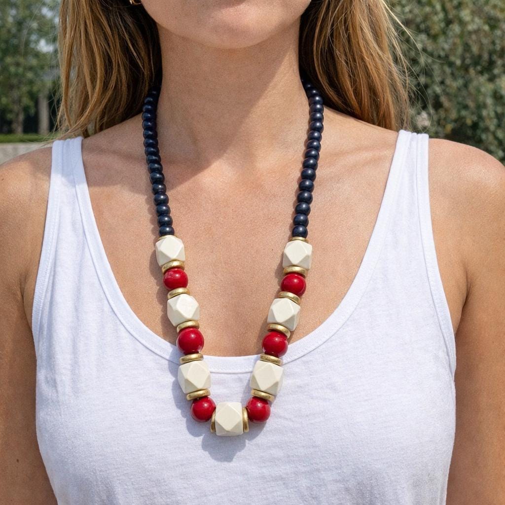 Red Black and White Wooden Beaded Statement Necklace: Game Day Jewelry