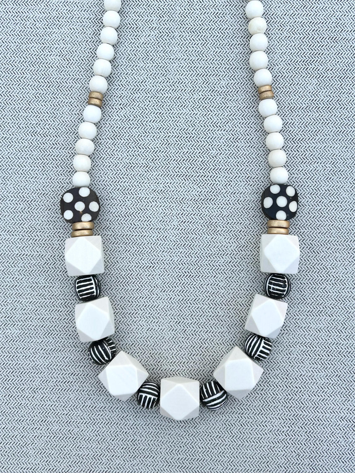 Chunky Wooden Bead Statement Necklace: Black & White Geometric Design