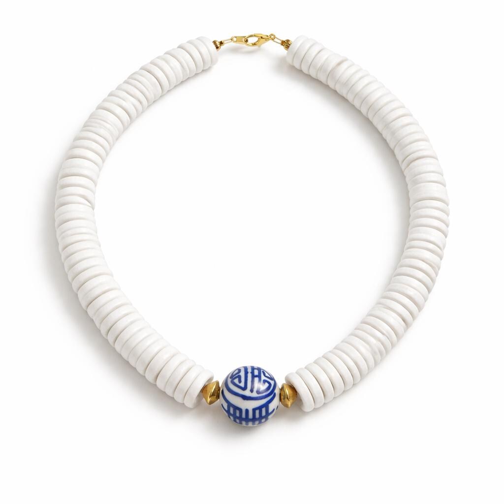 White Wooden Beaded Necklace with Chinoiserie Porcelain Bead