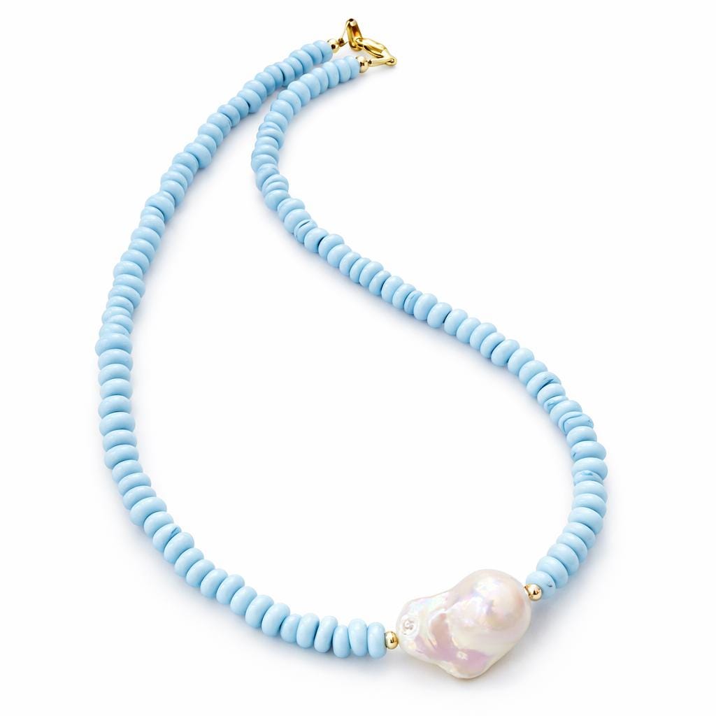 Blue Beaded Statement Necklace: Baroque Pearl Pendant, Handmade
