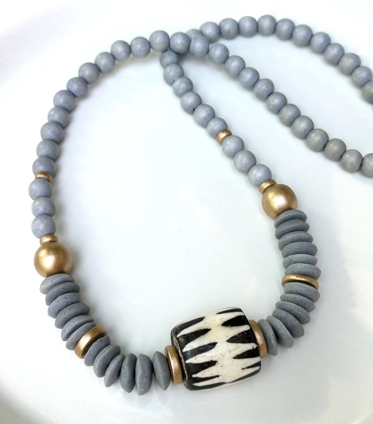Handmade Wooden Bead Necklace: Ashanti Glass Bead, Bone Pendant