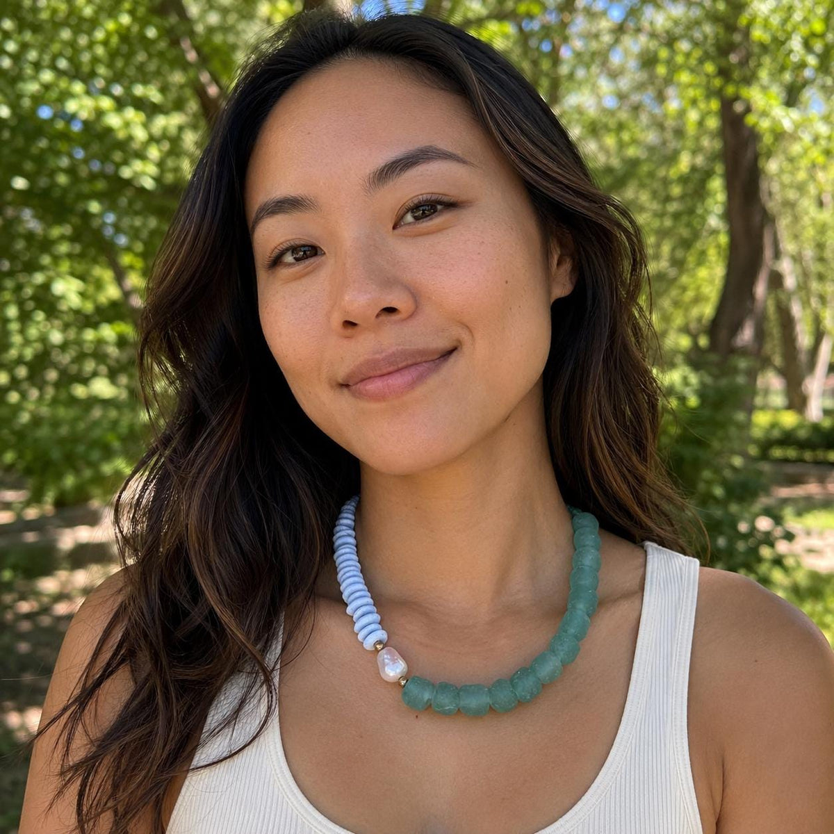 Glass Beaded Statement Necklace: Ashanti Glass Beads, Baroque Pearl Accent, UNC game day jewelry