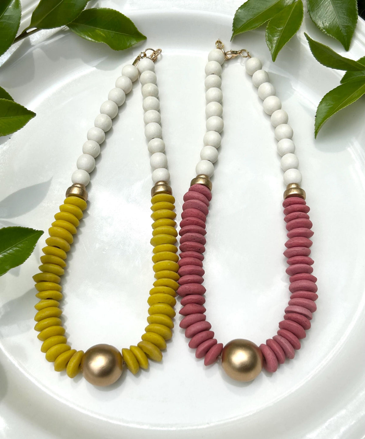 Statement Necklace, Pink, Yellow, White Ashanti Glass Beads, Golden Focal Bead