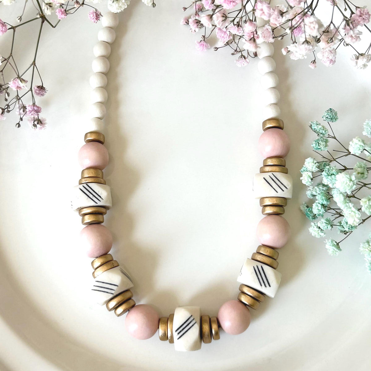 Pink Wooden Bead Statement Necklace: Bone Cube Accent, Valentines Gift