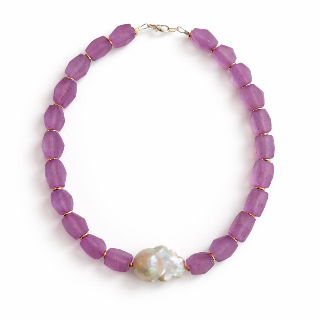 Purple Glass Beaded Statement Necklace: Glass Beads, Baroque Pearl Pendant